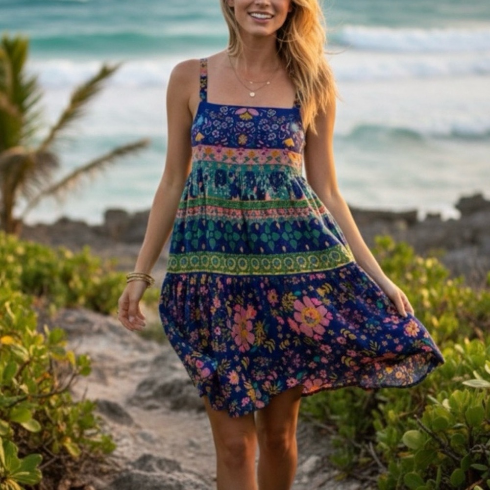 NATURAL LIFE Navy Floral Tiered Mini Dress with Pink & Green Prints